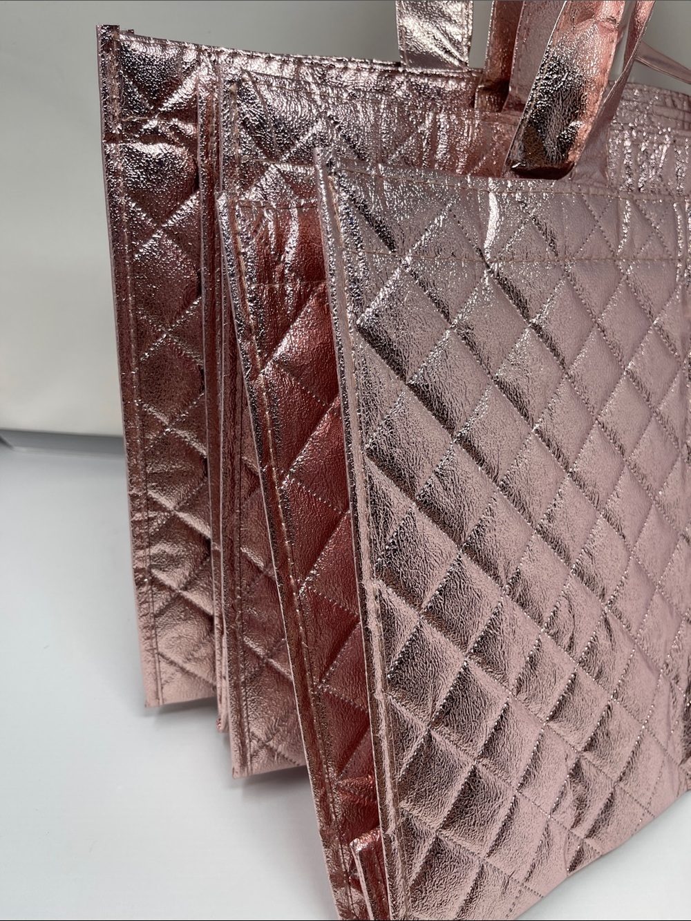 3 Metallic Quilted reusable Tote Bags - Rose Gold - Picture 3 of 4